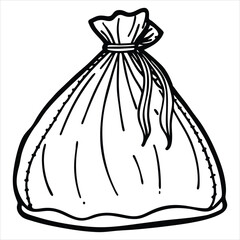A simple black and white line drawing of a closed drawstring bag suggesting a gift a collection of items or a secret stash