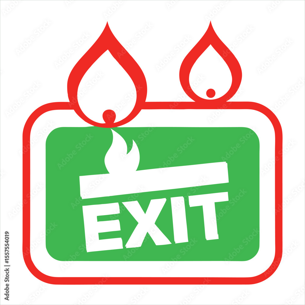 Aufkleber stylized graphic of a green exit sign with the word exit in white and red flame like shapes above an