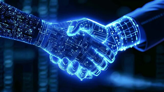 digital blue handshake with glowing binary code, artificial intelligence in virtual business transactions, commitment deal or partnership, secure authentication protocols.