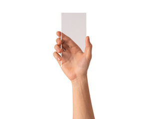 Hand showing future smartphone with blank screen isolated.