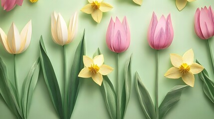 Obraz premium Paper Flowers Spring Tulips Daffodils Pastel Green Background
