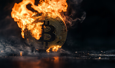 Burning bitcoin isolated on black background