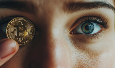 Close up fun emotional young female is holding bitcoin in front eye. Online virtual future currency concept. Beauty woman head with Bitcoin money in eye.