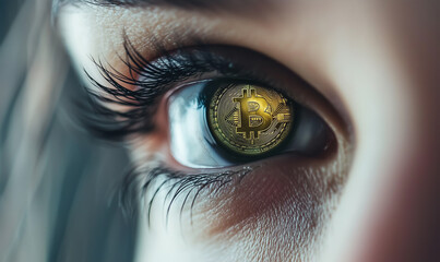 Close up fun emotional young female is holding bitcoin in front eye. Online virtual future currency concept. Beauty woman head with Bitcoin money in eye.