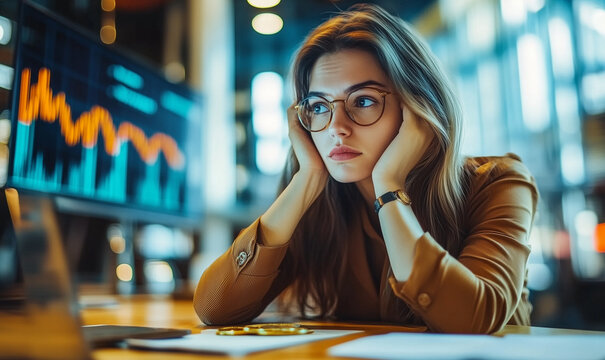 Businesswoman worry about her Cryptocurrency bitcoin port, forecast and analysis graph with Bearish downtrend, Blockchain technology, effect of high inflation to investment, Decentralized finance