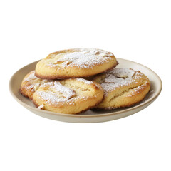 Golden almond cookies on rustic plate, dusted with powdered sugar, creating warm and inviting dessert presentation