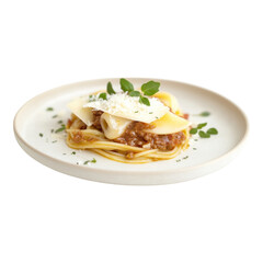 Plate of spaghetti Bolognese topped with grated cheese and fresh herbs, served on white ceramic plate, creating delicious and appetizing presentation