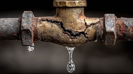 Water leak cracked pipe with dripping water closeup, plumbing damage emergency repair concept for home design ads