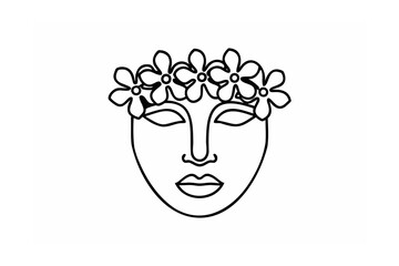 Minimalist line drawing of a face adorned with a floral crown in simple black and white style