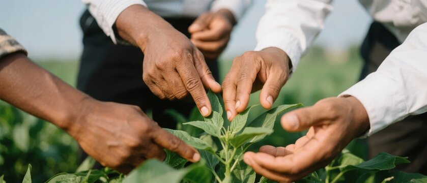 Group of hands gently touching and examining a young plant in a field