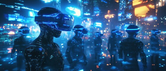 Futuristic robots experiencing virtual reality in a city at night