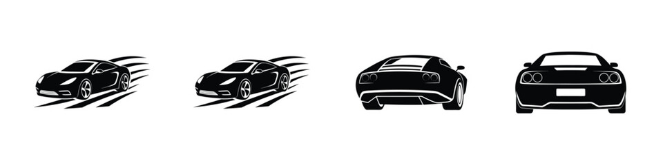 Creative rear view portrayal of a fast sports car drifting around a corner Silhouette on White Background