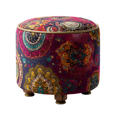Bohemian Round Ottoman Vibrant Paisley Pattern Upholstery on transparent Background