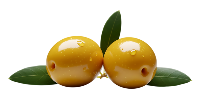 Two ripe yellow olives with fresh green leaves and water droplets isolated on transparent background