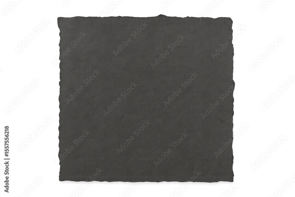 Poster torn dark gray rectangular paper fragment with ragged edges, isolated on transparent background, per