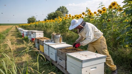 Beekeeper tending hives near sunflowers in a vibrant field under a clear sky.