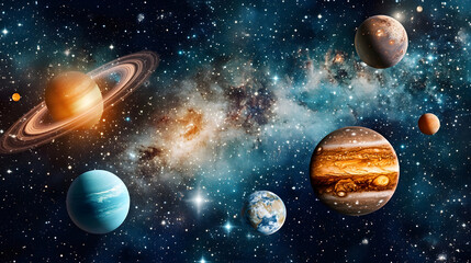 A cosmic view of planets in a star-filled galaxy. Colorful space background.