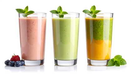 Fototapeta premium Fresh fruit smoothies in glasses against a white background, showcasing vibrant colors and healthy ingredients for a refreshing drink.