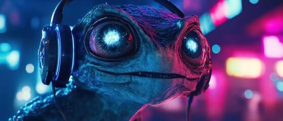 Futuristic frog in headphones enjoying the night