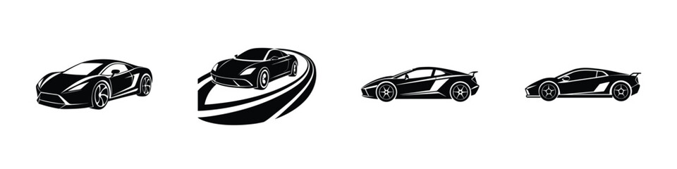 Modern look at a futuristic sports car zooming through cityscape Silhouette on White Background