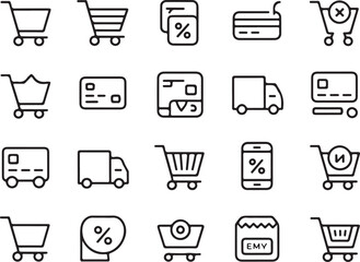 Shopping Icon Array: A visually clear array of commerce icons in a clean line-art style, embodying the essence of online and in-store shopping.