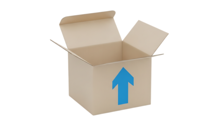 Open cardboard box with blue arrow symbol indicating direction isolated on transparent background