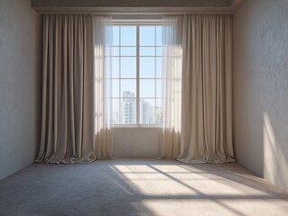 A room with a window and two curtains. The curtains are white and the window is open. The room is empty and has a lot of natural light coming in