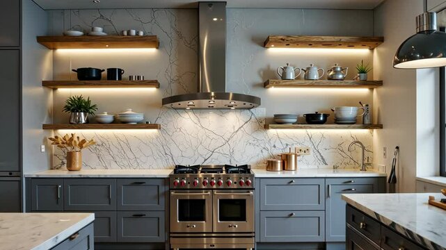 Modern gray kitchen with marble backsplash and island featuring stainless steel appliances.