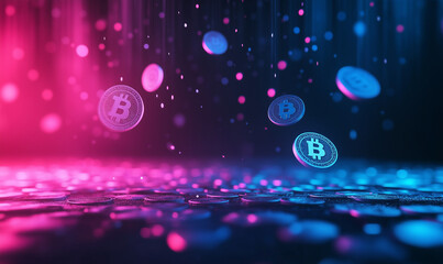 Falling bitcoins with blue and pink neon light on dark background.