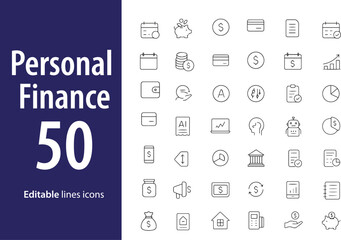 Personal Finance Line Icons, Budget, Savings, Wallet, Credit Card, Income, Expense Tracker, Calculator, and More , Editable Formats: AI, EPS, JPG, PNG , Ideal for Both Digital and Print Use