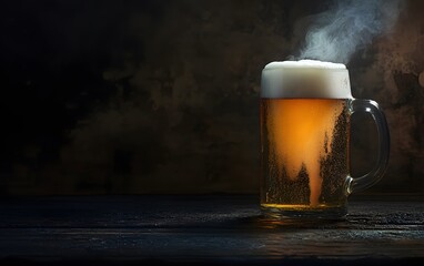 Steaming Mug of Golden Beer on Dark Wood