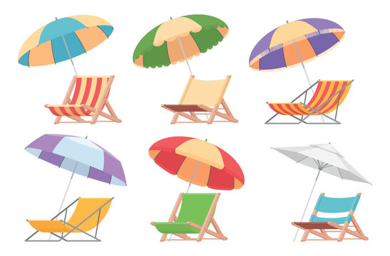 A set of beach chairs with umbrellas featuring vibrant colors and designs, perfect for lounging by the ocean or pool on a sunny day.