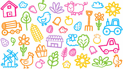 Hand-drawn doodle collage of farm life, colorful chalk texture design.