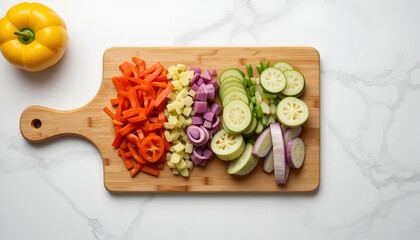 Freshly chopped vegetables are artfully arranged on a wooden cutting board creating a vibrant composition ready for healthy cooking.