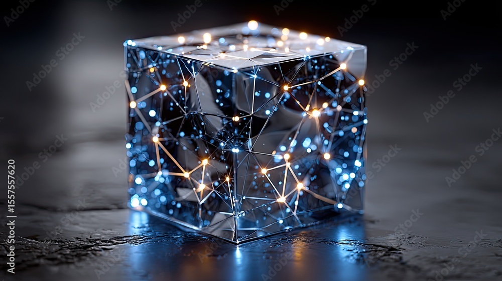 Poster ai cube polygon network with luminous digital connections, futuristic artificial intelligence system