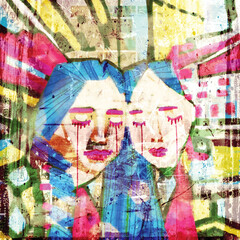 Abstract Digital Painting of Two Faces with Vibrant Colors and Grunge Texture