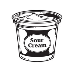 Detailed vintage art silhouette illustration of a container filled with fresh creamy sour cream for culinary cooking and tasty recipe preparations.