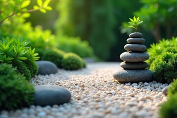 Serene Zen Garden Raked Gravel, Smooth Stones, and Miniature Plants Create a Peaceful Meditation Scene