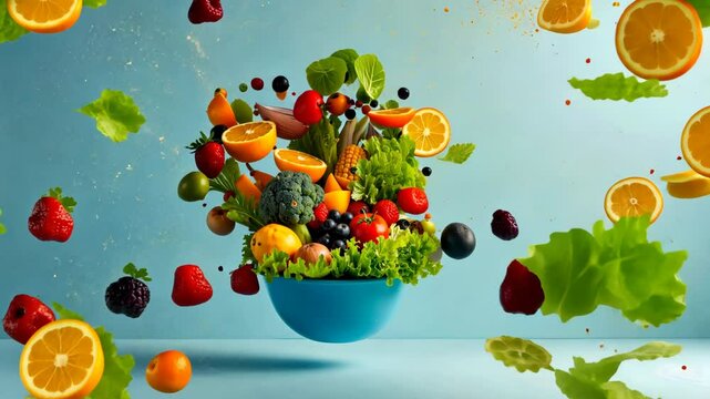 Fresh fruits and vegetables exploding from a bowl display of healthy eating and fresh ingredients.
