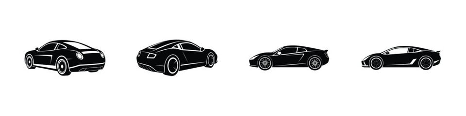 Minimal depiction of a sleek sports car 3/4 rear view sliding Flat Silhouette on White Background