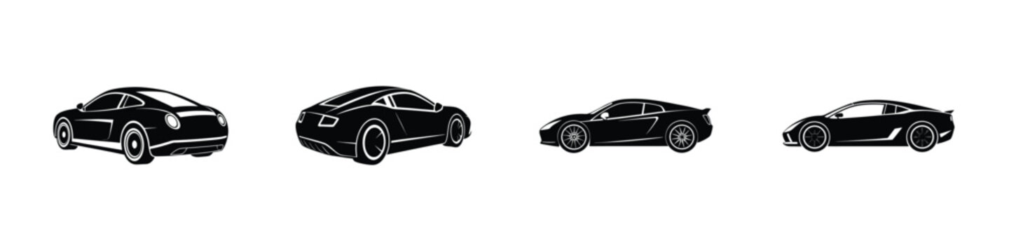 Minimal depiction of a sleek sports car 3/4 rear view sliding Flat Silhouette on White Background