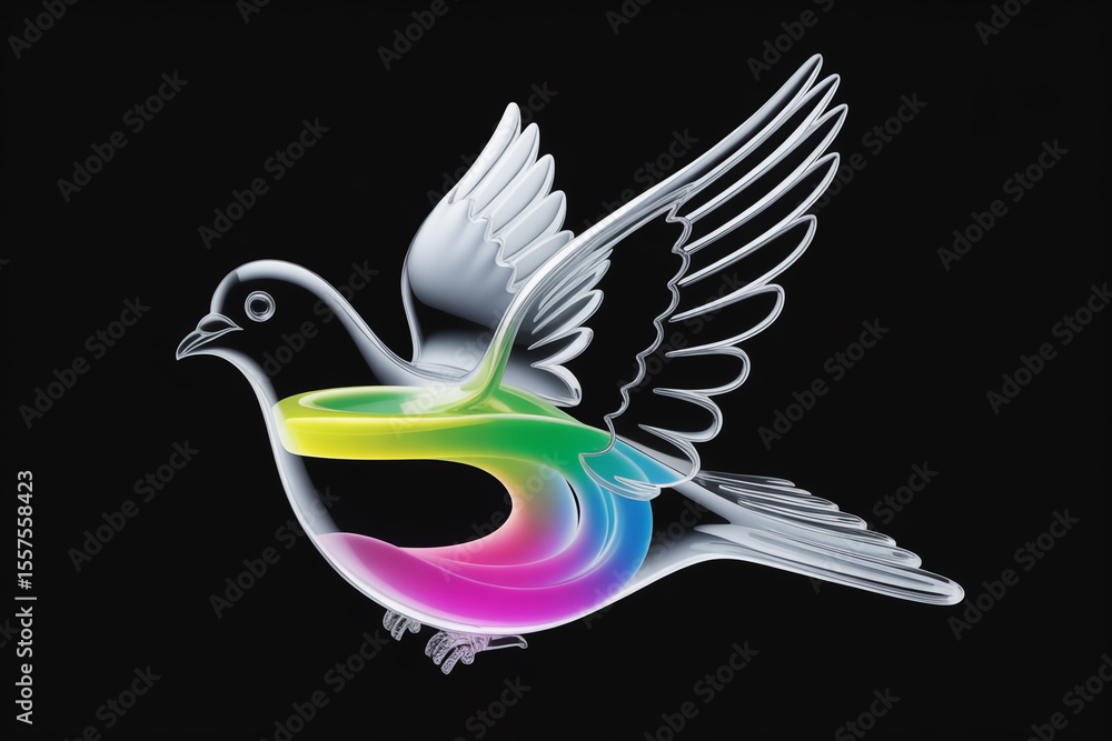 Poster a translucent bird with rainbow colors inside against a black background in a digital rendering
