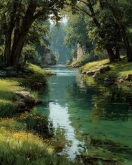 Tranquil river flowing through lush greenery, framed by trees