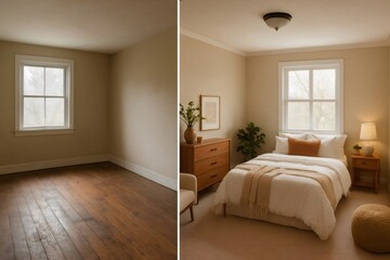 Before and after of a bedroom renovation showing the empty room with hardwood floors and the furnished room with a new carpet