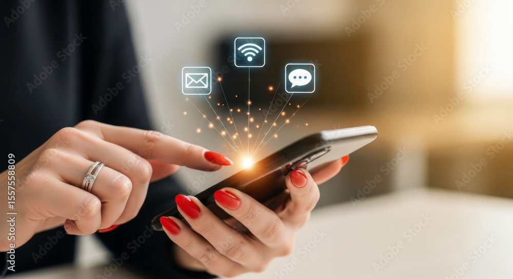 Poster woman using smartphone mobile app for social media communication email wifi connection and messaging