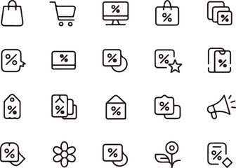 Sale and Promotion Icon Set: Minimalist line icons representing sales, discounts, shopping, and promotions, perfect for e-commerce, retail, and marketing materials.