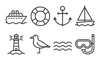 Nautical adventure icons set – outline, marine and ocean voyage symbols