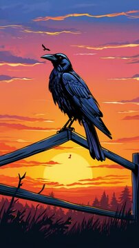 illustration a crow at sunset sitting on a fence.