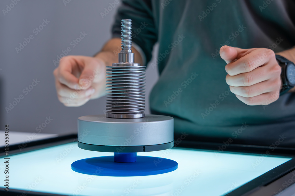 Poster a person presenting a metal component with cooling fins on a lit display table in a studio setting