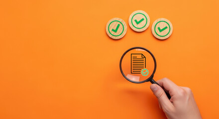 Document check verification approval process audit compliance confirmation with magnifying glass and checkmarks